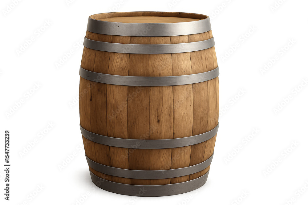 Obraz premium Wooden barrel with metal rings on transparent background