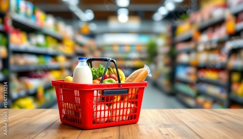 Red Shopping Basket Filled with Groceries in a Supermarket