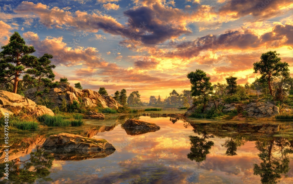 Obraz premium Golden Sunset over Mountain Lake