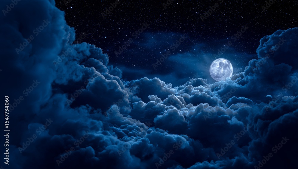 Obraz premium Ethereal Moonlight Illuminating Dark Clouds Under a Starry Night Sky, Creating a Dreamlike Atmosphere