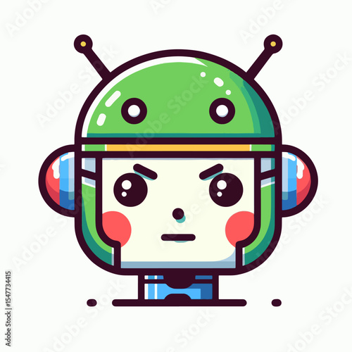 Digitally illustrated, cartoon robot head, depicted with a grumpy face and vibrant colors.