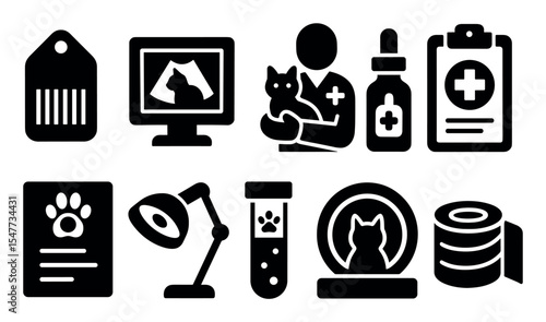 Veterinary, pets solid icon set. animal health, care icons for clinics