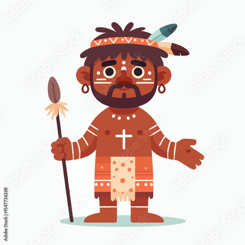 Friendly-looking cartoon depiction of a tribal man holding a spear, with stylized body paint and clothing.