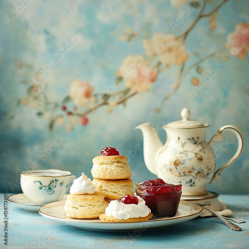 Tea set with scones jam cream.