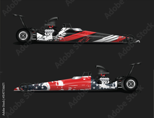 Two Dragster Race Cars with Patriotic and Checkered Designs