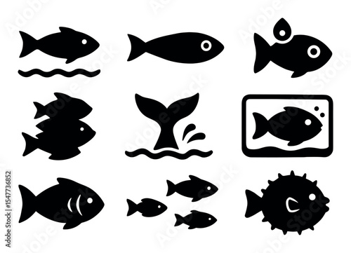 Fish and aquarium silhouette icon set. marine, aquatic life, tank symbols collection