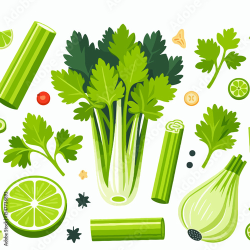 Graphic design of various fresh celery and herb ingredients, arranged in a colorful and attractive pattern on a white background.  The image emphasizes vibrant green colors and diverse food elements.
