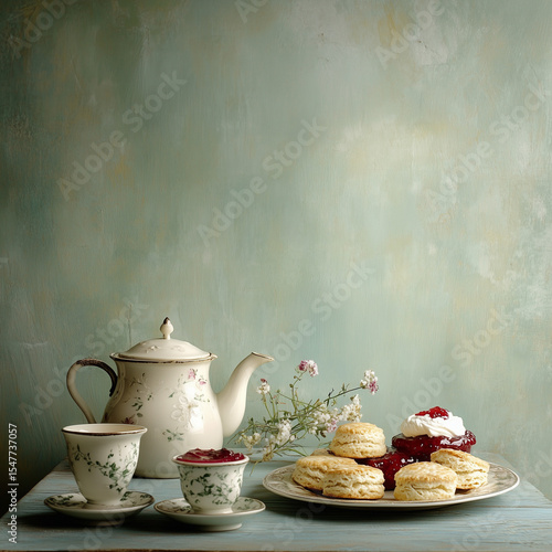 Tea set with scones jam cream.