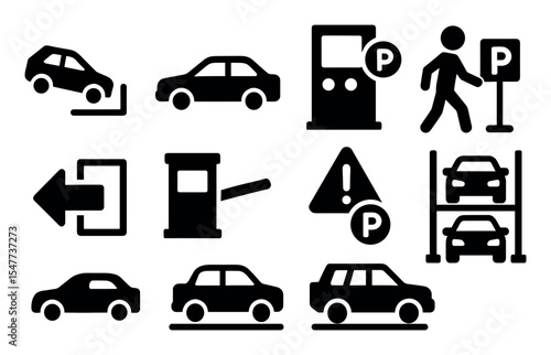 Parking, transportation silhouette icon set. simple car park, vehicle icons collection