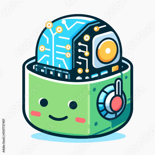 Friendly robot head design with a cartoonish aesthetic, showing internal circuit boards and components.