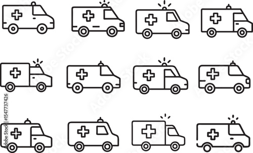  A collection of intricately designed ambulance icons, representing essential emergency medical services and swift transport of patients in critical condition. 