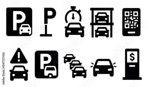 Parking and traffic solid icon set. transport, vehicle, and road safety symbols