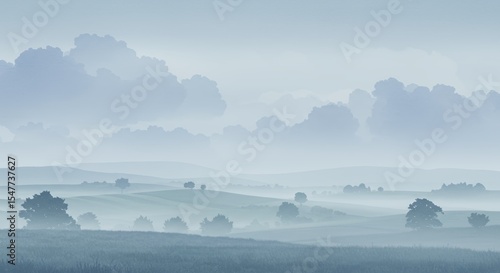 Serene Misty Dawn: Rolling Hills and Silhouetted Trees in a Dreamlike Landscape