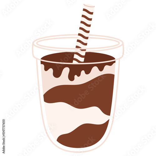 Chocolate cream soda with layered swirls and striped straw in plastic cup