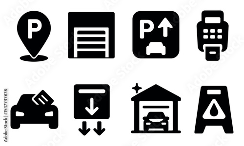 Parking, garage solid icon set. convenient car and parking management symbols