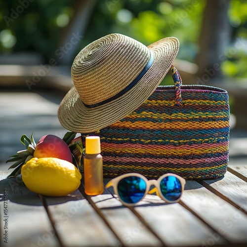 straw hat, sunglasses, oil, and bag placed on wooden floor on a summer day