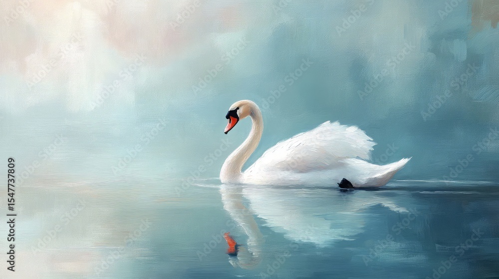 Fototapeta premium A graceful swan, impressionist painting style, gliding on a serene lake, soft morning light, horizontal composition