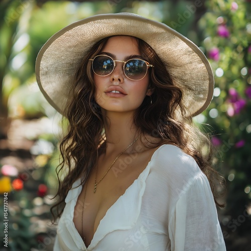 brunette woman wearing sunglasses and a wide-brimmed straw hat, dressed in a light, loose white dress
