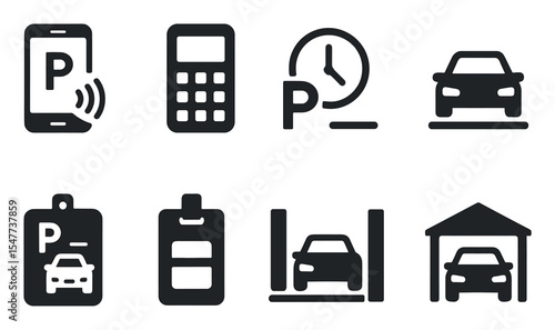 Parking, transport solid icon set. car, garage, vehicle symbols in solid style
