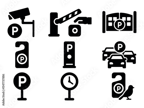 Parking, security solid icon set. gate, barrier, surveillance icons collection