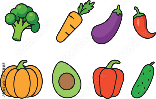 Collection of colorful cartoon vegetables including broccoli carrot eggplant chili pumpkin avocado pepper and cucumber