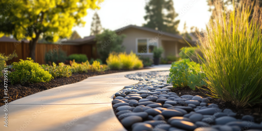 Obraz premium A winding garden pathway lined with smooth stones and vibrant plants leads to a house in the background. Serene garden landscaping at home