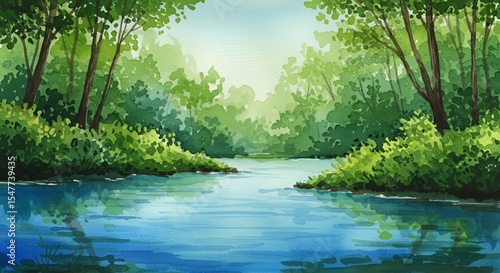 Serene Watercolor Landscape: Tranquil River Reflecting Lush Green Foliage