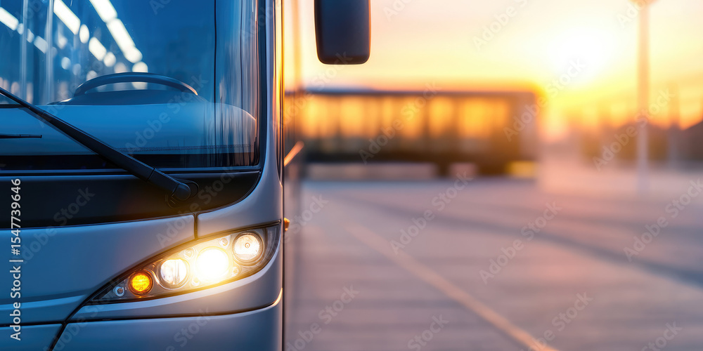 Fototapeta premium A bus with headlights on is parked on a platform at sunset. Public transportation, travel, sunset