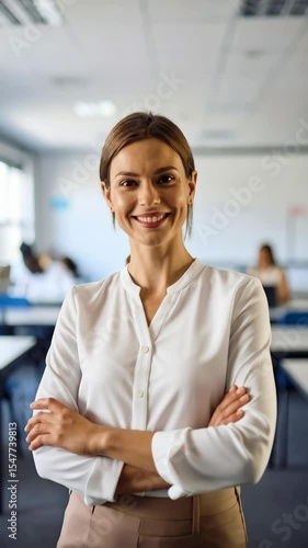Smiling female instructor with crossed arms standing in a classroom, looking at the camera. Students in the background working on laptops.