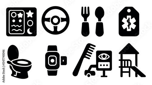 Kids, baby, toy solid icon set. childhood, playground, infant solid icons collection