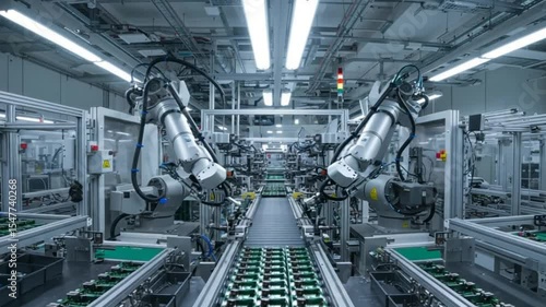 Automated robotic arms on an assembly line manufacturing electronic components in a modern high-tech factory setting.