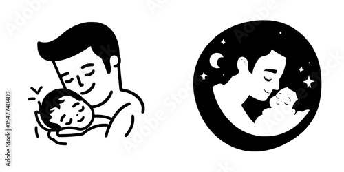 Father lovingly cradles newborn in black icon depicting tender parent-child bond under night sky