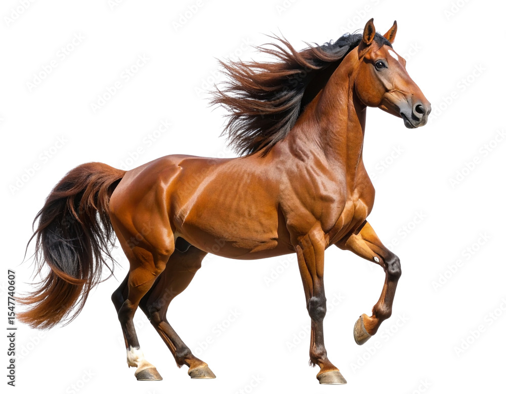 Obraz premium Standing Chestnut Horse with Raised Head and Flowing Mane, Transparent PNG