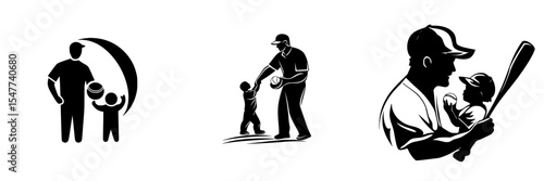 Father and child bonding through baseball activities in playful silhouettes