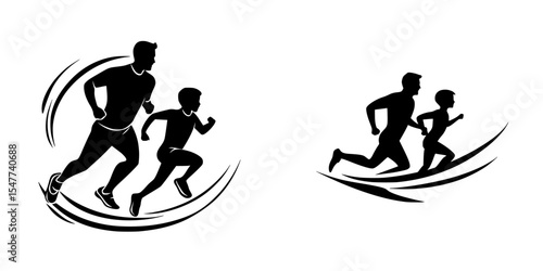 Father and child running together in a dynamic and energetic silhouette illustration