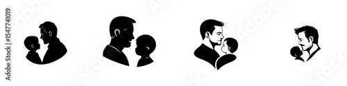 Set of black icons depicting loving relationships between fathers and children in a minimalistic design