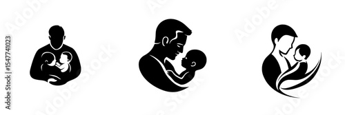 Black icon set representing fatherhood and tender moments with children in a minimalistic design