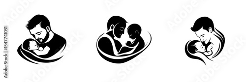 Black icon set representing the bond between fathers and their children in various affectionate poses
