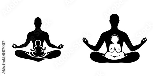 Spiritual connection represented through silhouettes of a meditating adult and child in serene poses
