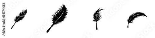 Set of four black feather duster icons representing cleaning tools in a minimalist style
