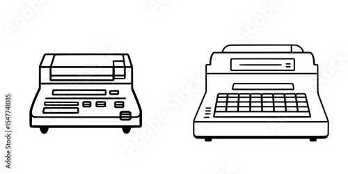 Black icons of vintage typewriter and printer, showcasing classic printing technology used in the past