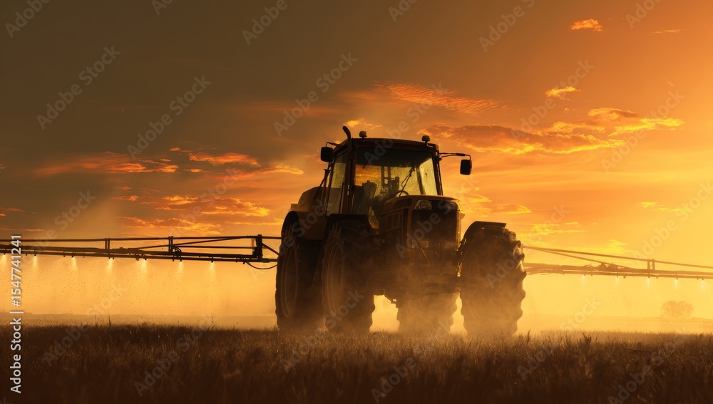 Fototapeta premium Golden Sunset on the Farm Tractor Sprays Crops at Twilight, Capturing the Essence of Agriculture