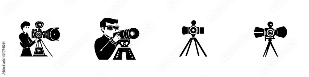 Obraz premium Set of black icons illustrating photographers using cameras on tripods