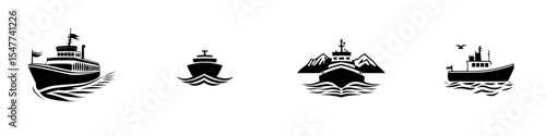 Black icon set featuring boats in various styles representing maritime themes and activities on water