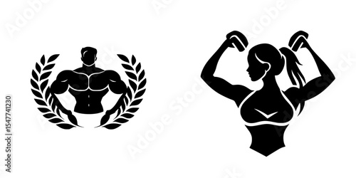 Black icon featuring muscular figures representing strength and fitness for health and wellness branding