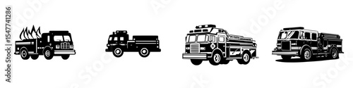 Set of black fire truck icons showcasing different styles, designs, and applications for various firefighting operations