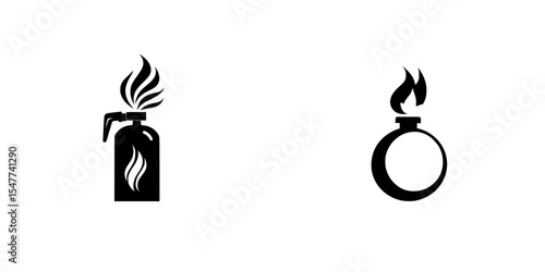 Fire safety symbols highlighting fire extinguisher and incendiary device representations in a minimalist design