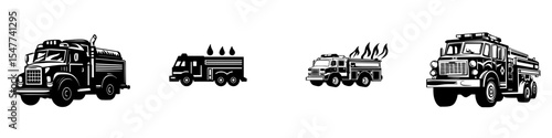 Collection of black fire truck icons showcasing various designs and styles used for fire emergency services