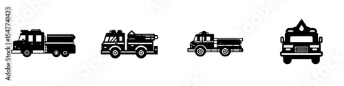 Black icons depicting various styles of fire trucks suitable for graphic design and digital applications