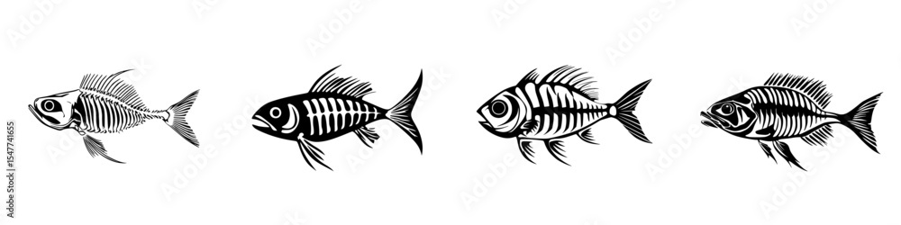 Fototapeta premium Set of black icons depicting various fish designs showcasing different styles and details